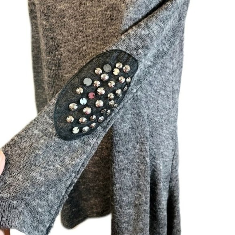 J MODE USA Gray & Black Rhinestone Embellished Elbow Hi Low Tunic Sweater | XL